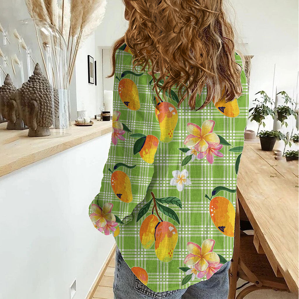 Aloha Hawaii Palaka Print Mango Plumeria Women Casual Shirt Cool Mint