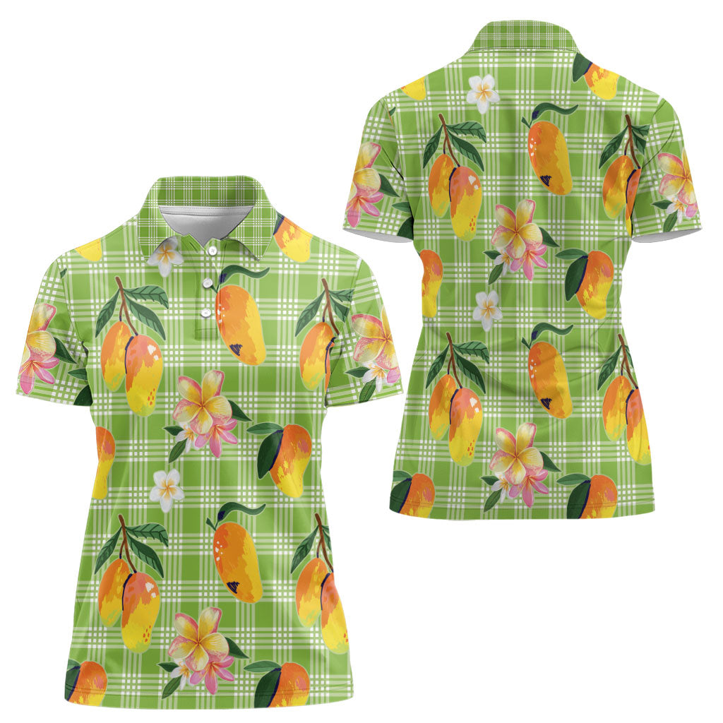 Aloha Hawaii Palaka Print Mango Plumeria Women Polo Shirt Cool Mint