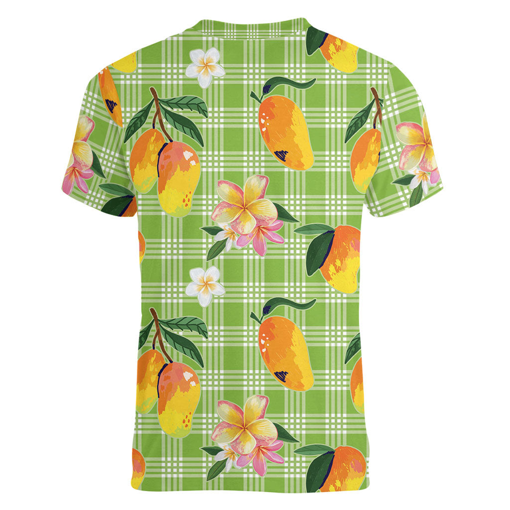 Aloha Hawaii Palaka Print Mango Plumeria Women V-Neck T-Shirt Cool Mint