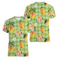 Aloha Hawaii Palaka Print Mango Plumeria Women V-Neck T-Shirt Cool Mint