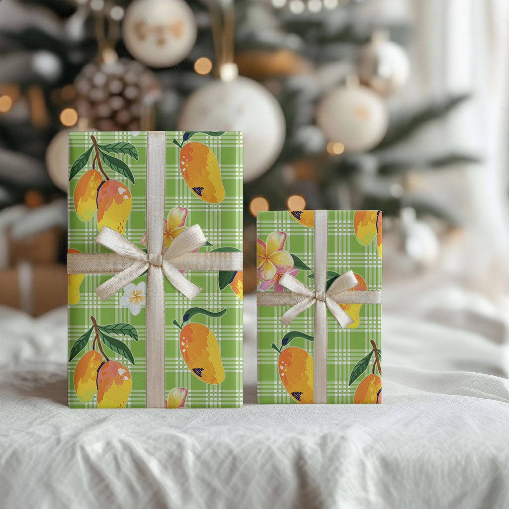 Aloha Hawaii Palaka Print Mango Plumeria Wrapping Paper Cool Mint
