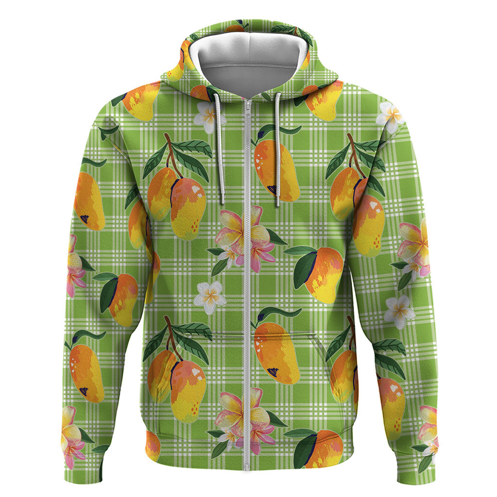Aloha Hawaii Palaka Print Mango Plumeria Zip Hoodie Cool Mint
