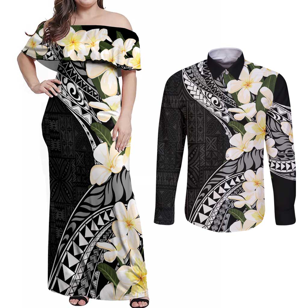 Aloha Hawaii Festive Couples Matching Off Shoulder Maxi Dress and Long Sleeve Button Shirt Frangipani Lace Classic