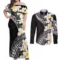 Aloha Hawaii Festive Couples Matching Off Shoulder Maxi Dress and Long Sleeve Button Shirt Frangipani Lace Classic
