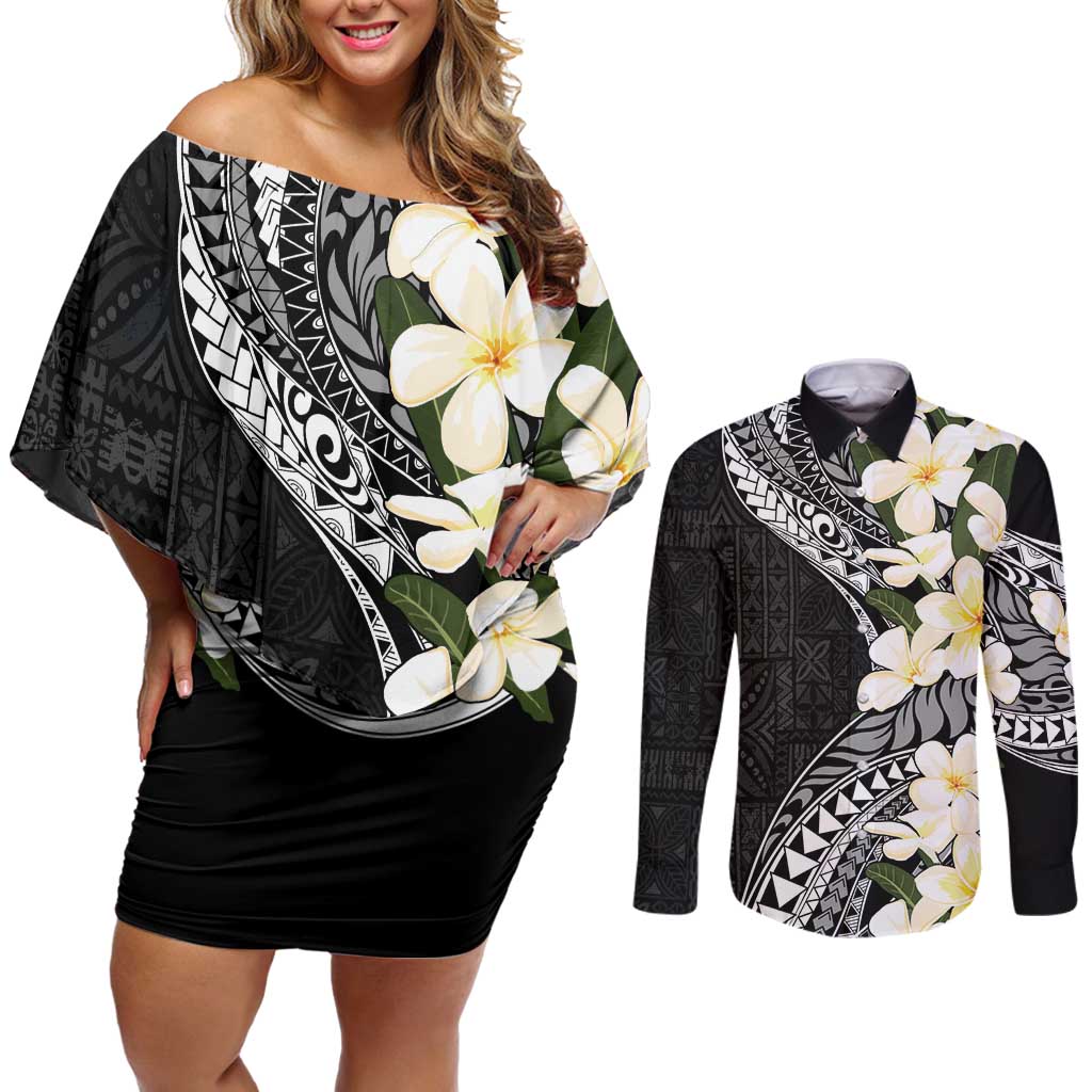 Aloha Hawaii Festive Couples Matching Off Shoulder Short Dress and Long Sleeve Button Shirt Frangipani Lace Classic