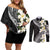 Aloha Hawaii Festive Couples Matching Off Shoulder Short Dress and Long Sleeve Button Shirt Frangipani Lace Classic