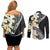 Aloha Hawaii Festive Couples Matching Off Shoulder Short Dress and Long Sleeve Button Shirt Frangipani Lace Classic