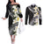 Aloha Hawaii Festive Couples Matching Off The Shoulder Long Sleeve Dress and Long Sleeve Button Shirt Frangipani Lace Classic