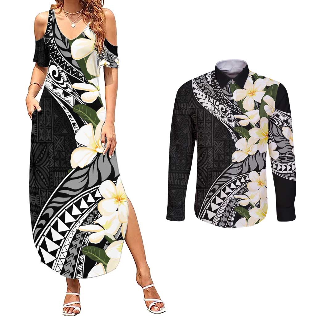 Aloha Hawaii Festive Couples Matching Summer Maxi Dress and Long Sleeve Button Shirt Frangipani Lace Classic