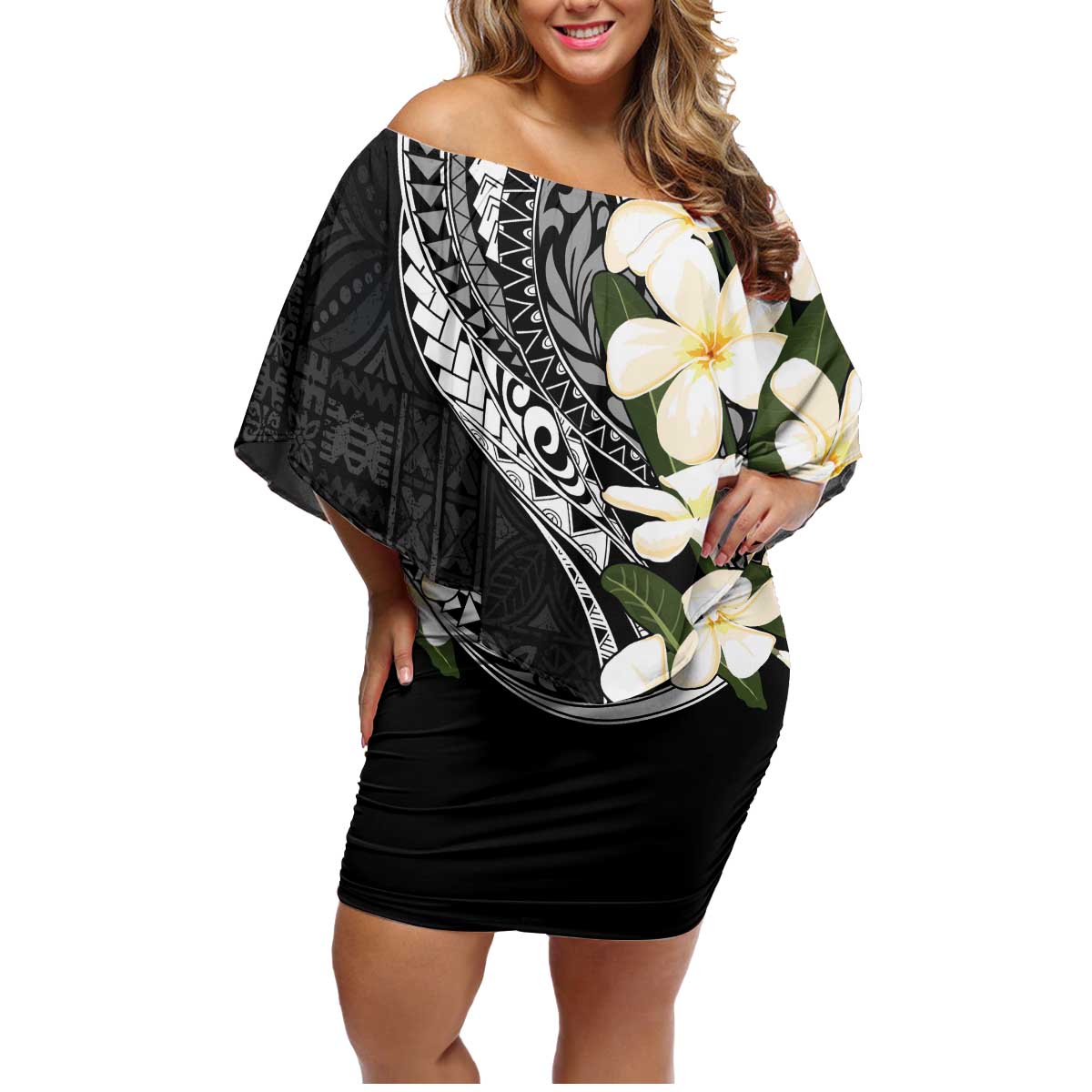 Aloha Hawaii Festive Family Matching Off Shoulder Short Dress and Hawaiian Shirt Frangipani Lace Classic LT7 Mom's Dress Black - Polynesian Pride