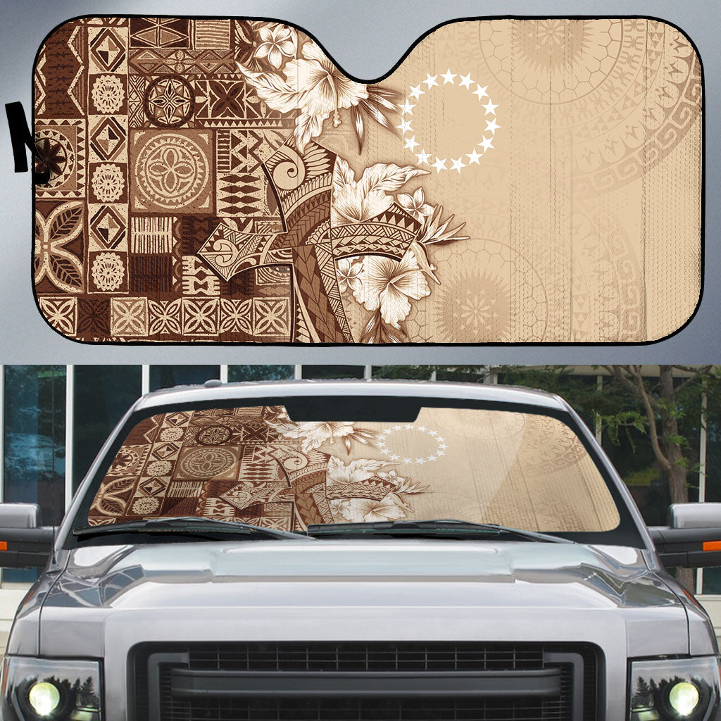 Kia Orana Cook Islands Tapa Floral With Cross Auto Sun Shade Beige LT7 Beige - Polynesian Pride