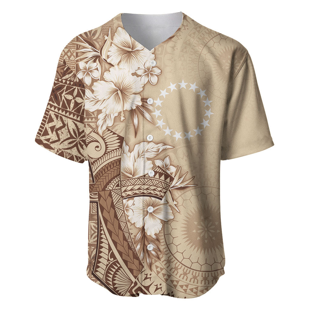 Kia Orana Cook Islands Tapa Floral With Cross Baseball Jersey Beige