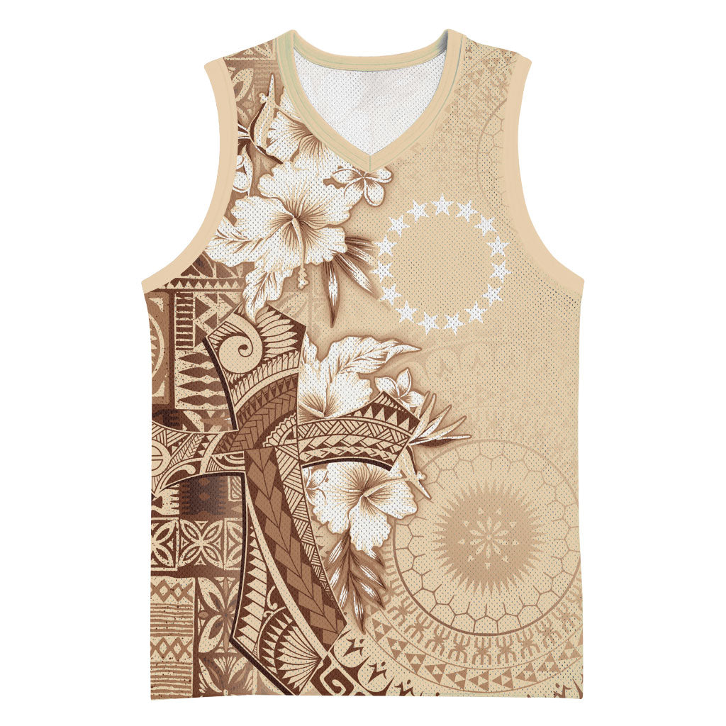 Kia Orana Cook Islands Tapa Floral With Cross Basketball Jersey Beige LT7 Unisex Beige - Polynesian Pride