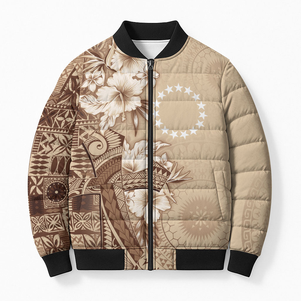 Kia Orana Cook Islands Tapa Floral With Cross Bomber Puffer Jacket Beige LT7 Unisex Beige - Polynesian Pride