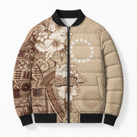 Kia Orana Cook Islands Tapa Floral With Cross Bomber Puffer Jacket Beige LT7 Unisex Beige - Polynesian Pride