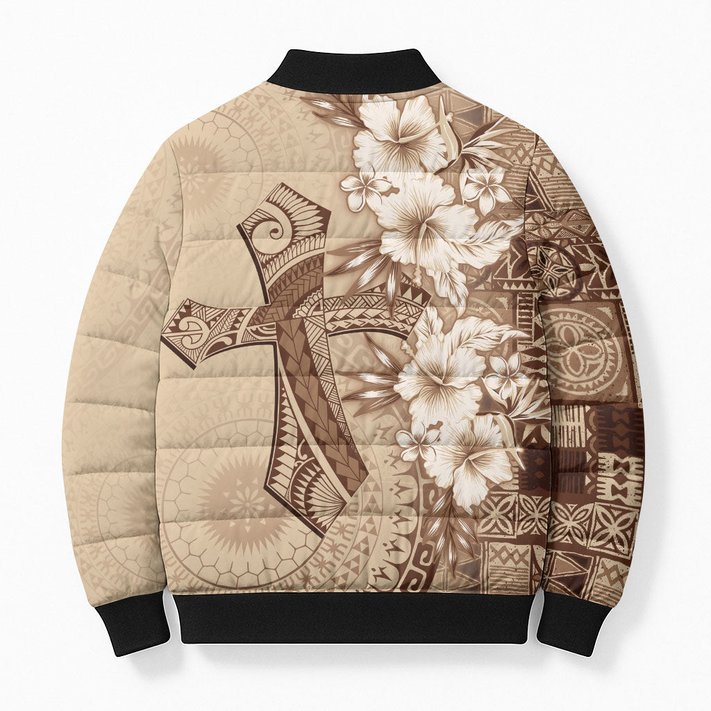 Kia Orana Cook Islands Tapa Floral With Cross Bomber Puffer Jacket Beige LT7 - Polynesian Pride