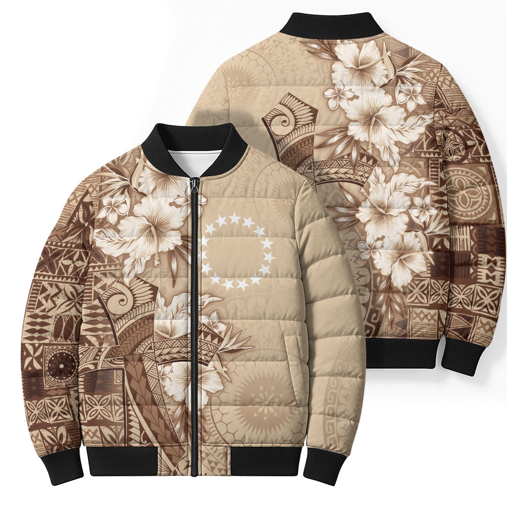 Kia Orana Cook Islands Tapa Floral With Cross Bomber Puffer Jacket Beige LT7 - Polynesian Pride