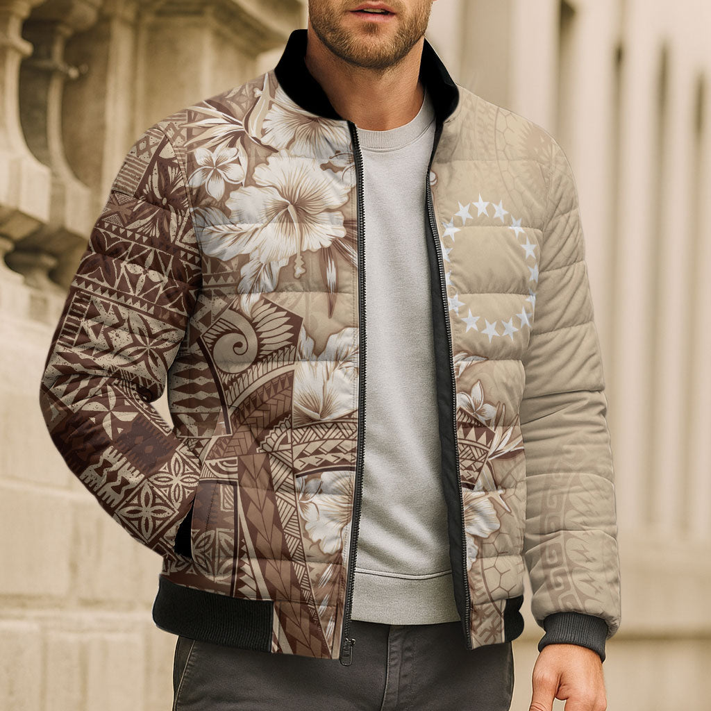Kia Orana Cook Islands Tapa Floral With Cross Bomber Puffer Jacket Beige LT7 - Polynesian Pride