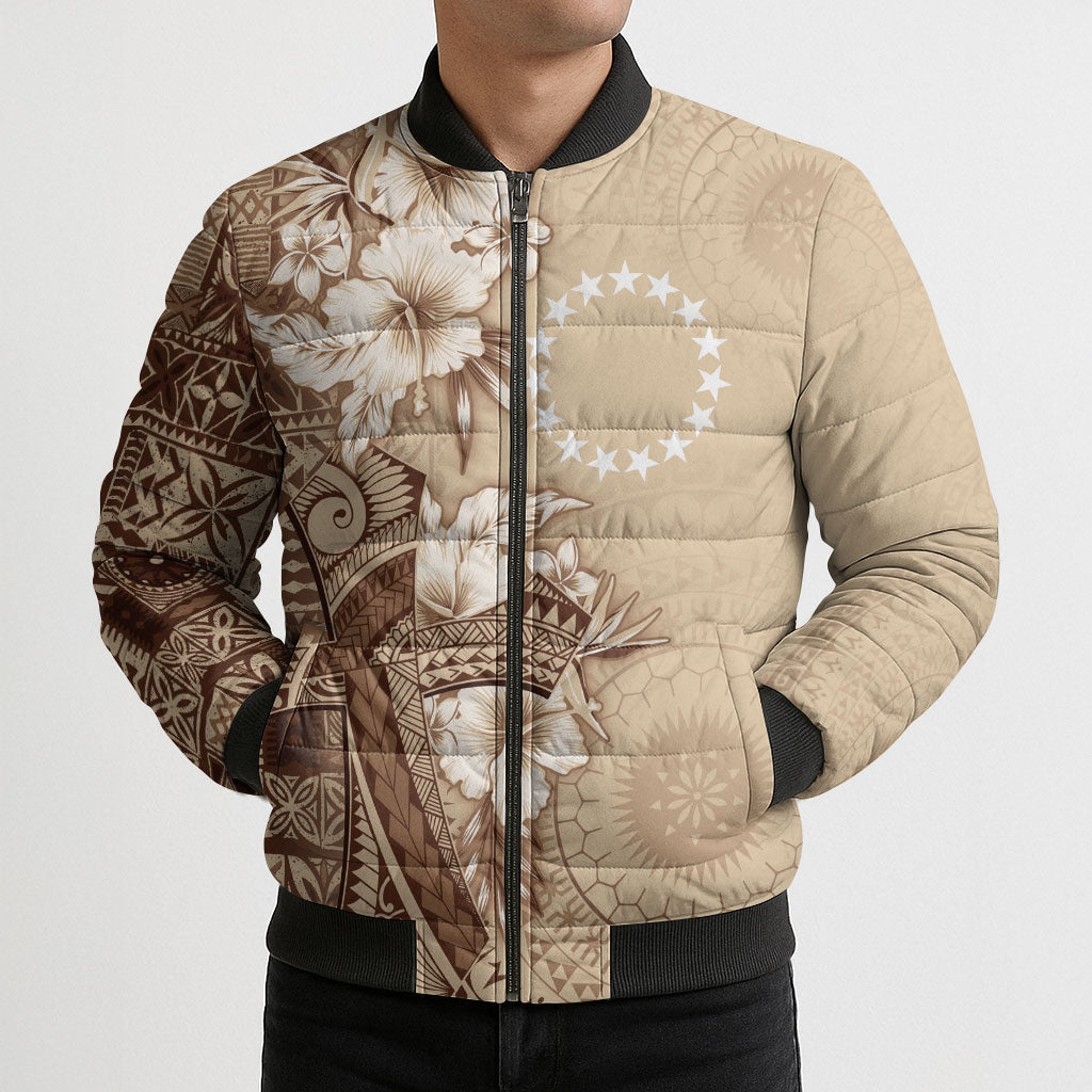 Kia Orana Cook Islands Tapa Floral With Cross Bomber Puffer Jacket Beige LT7 - Polynesian Pride