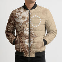 Kia Orana Cook Islands Tapa Floral With Cross Bomber Puffer Jacket Beige LT7 - Polynesian Pride