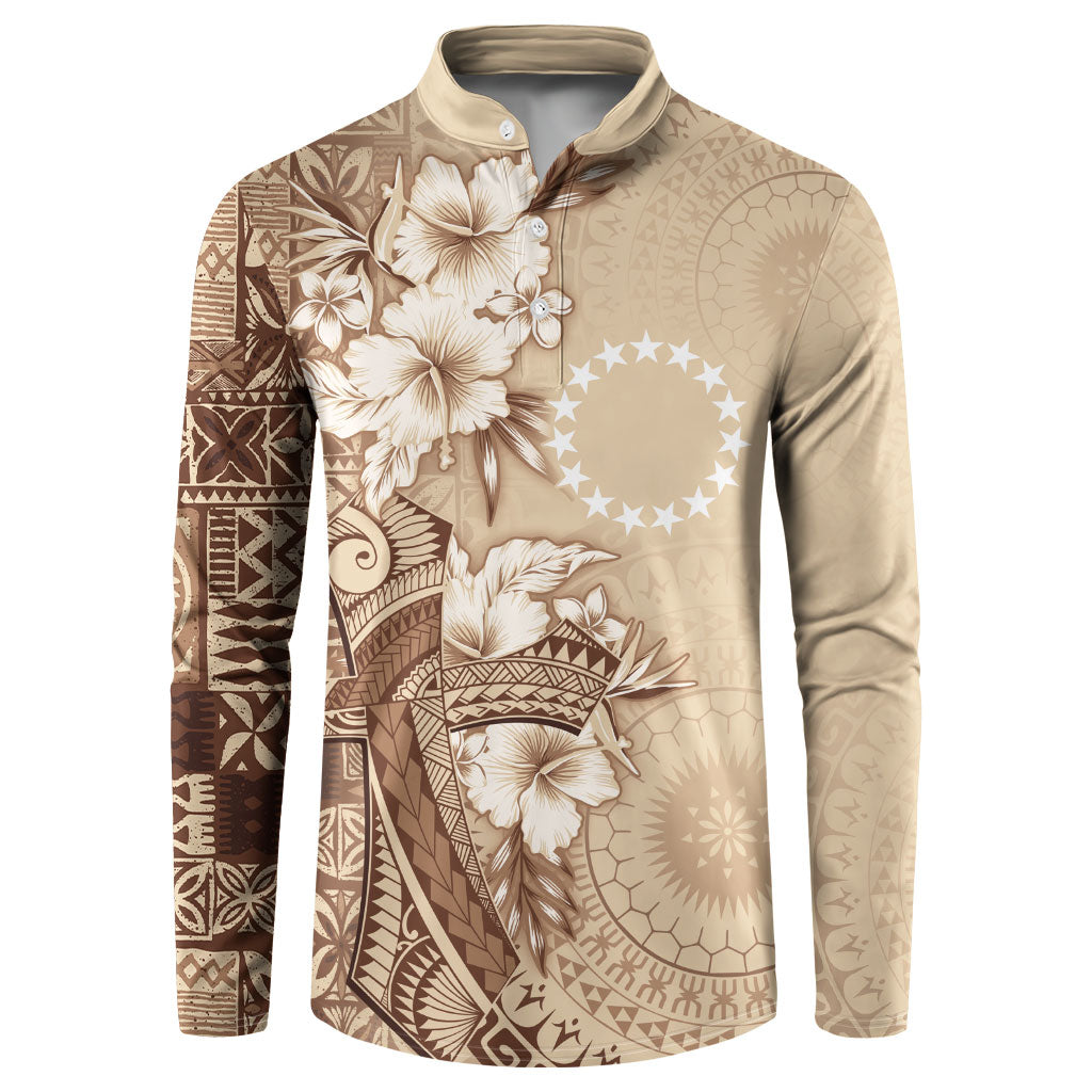 Kia Orana Cook Islands Tapa Floral With Cross Button Sweatshirt Beige