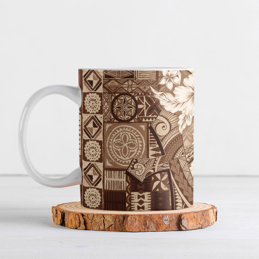 Kia Orana Cook Islands Tapa Floral With Cross Ceramic Mug Beige