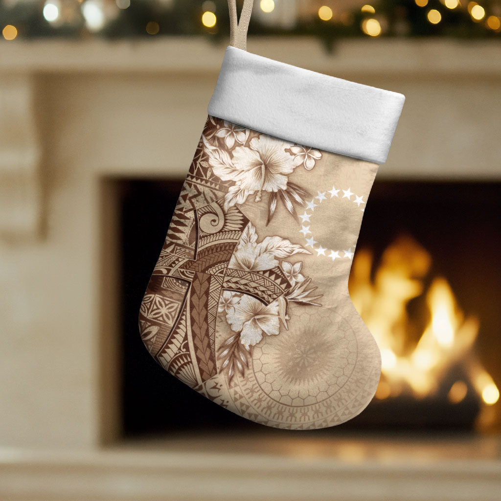 Kia Orana Cook Islands Tapa Floral With Cross Christmas Stocking Beige