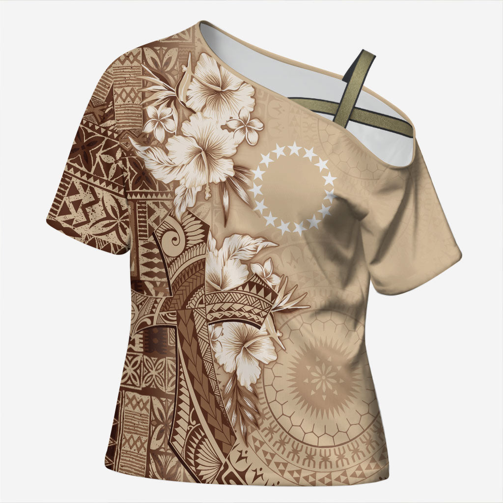 Kia Orana Cook Islands Tapa Floral With Cross Cross Shoulder Shirt Beige
