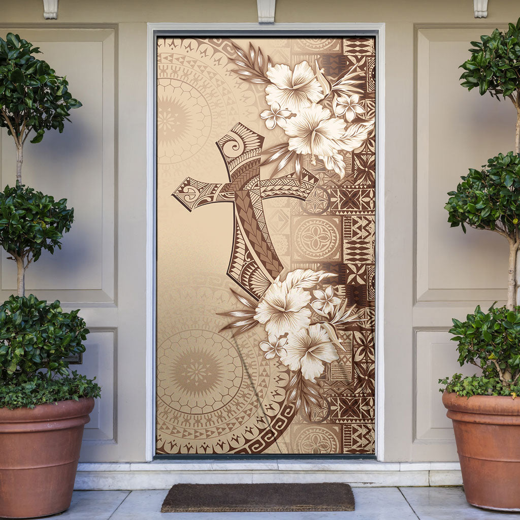 Kia Orana Cook Islands Tapa Floral With Cross Door Cover Beige