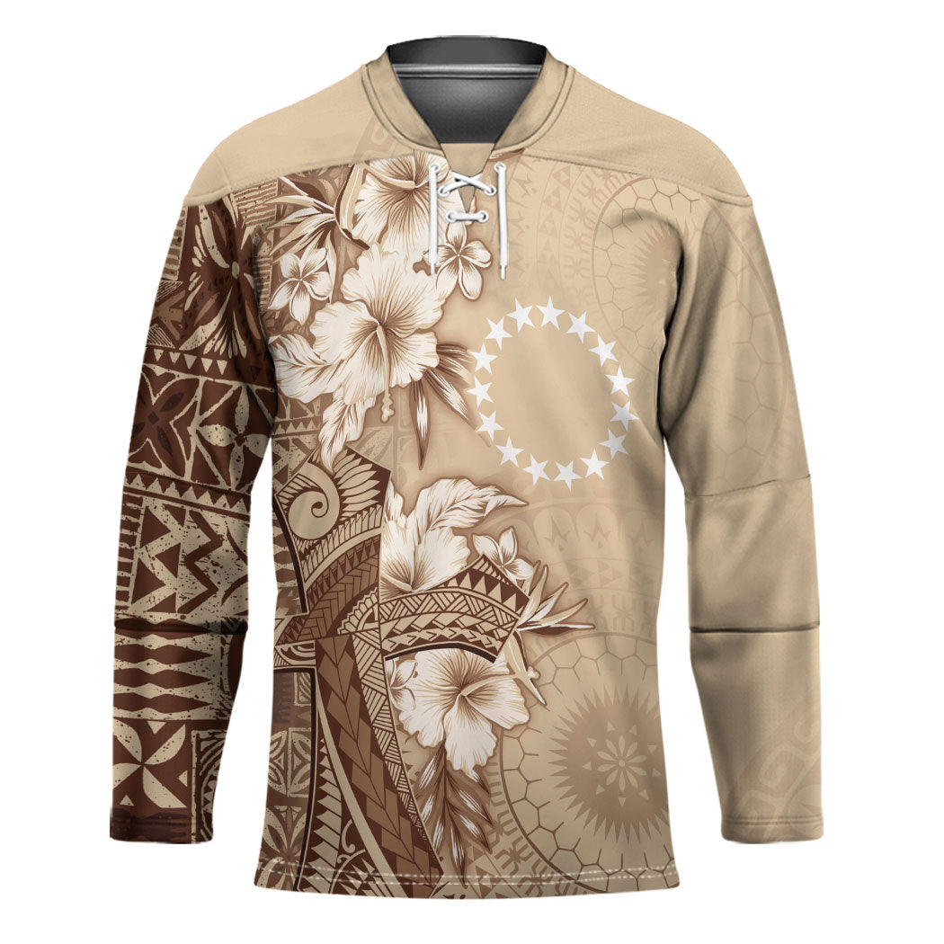 Kia Orana Cook Islands Tapa Floral With Cross Hockey Jersey Beige LT7 Unisex Beige - Polynesian Pride