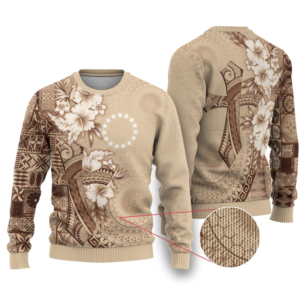 Kia Orana Cook Islands Tapa Floral With Cross Ugly Christmas Sweater Beige