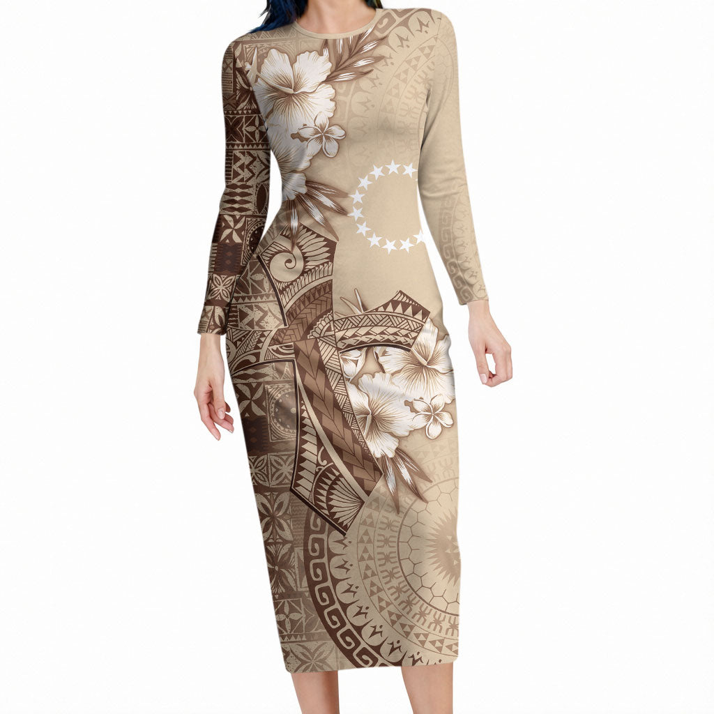 Kia Orana Cook Islands Tapa Floral With Cross Long Sleeve Bodycon Dress Beige LT7 Long Dress Beige - Polynesian Pride