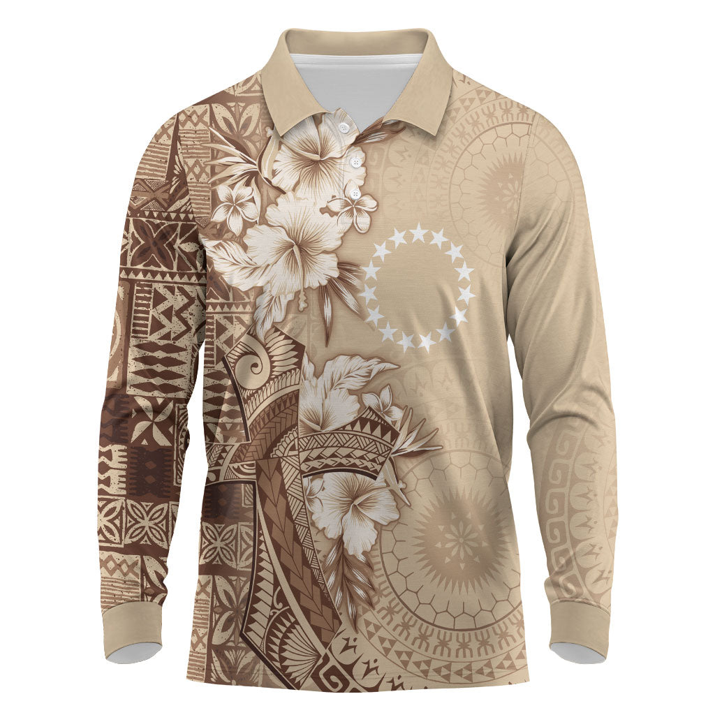 Kia Orana Cook Islands Tapa Floral With Cross Long Sleeve Polo Shirt Beige LT7 Beige - Polynesian Pride