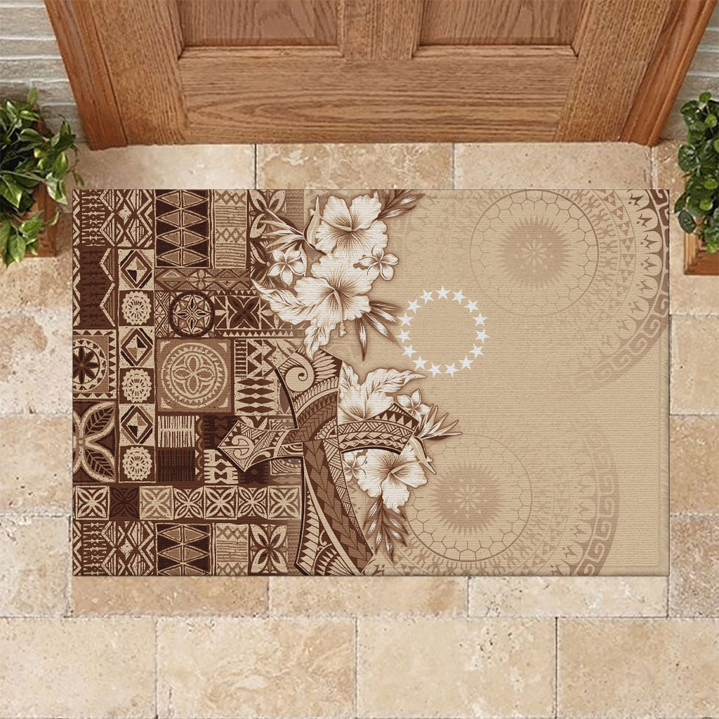 Kia Orana Cook Islands Tapa Floral With Cross Rubber Doormat Beige
