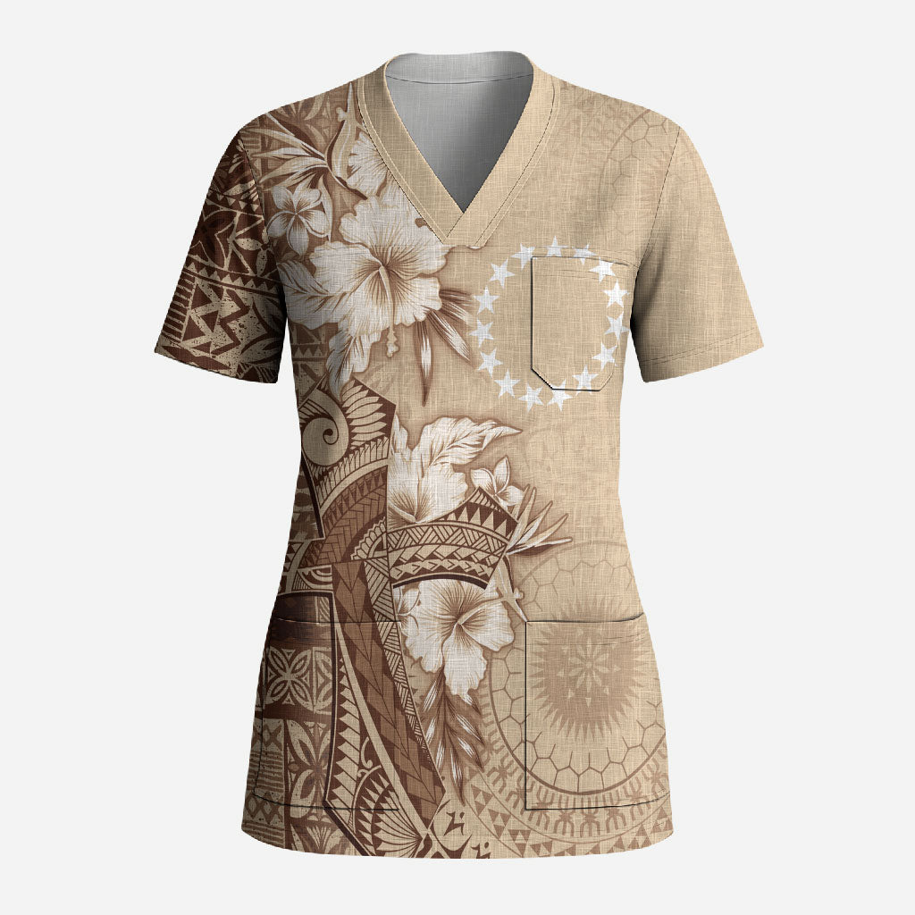 Kia Orana Cook Islands Tapa Floral With Cross Scrub Top Beige