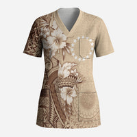 Kia Orana Cook Islands Tapa Floral With Cross Scrub Top Beige LT7 Adult Beige - Polynesian Pride
