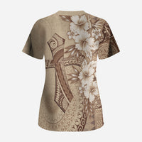Kia Orana Cook Islands Tapa Floral With Cross Scrub Top Beige LT7 - Polynesian Pride