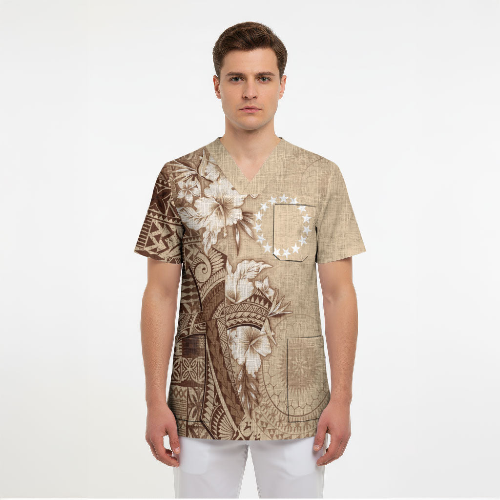 Kia Orana Cook Islands Tapa Floral With Cross Scrub Top Beige LT7 - Polynesian Pride