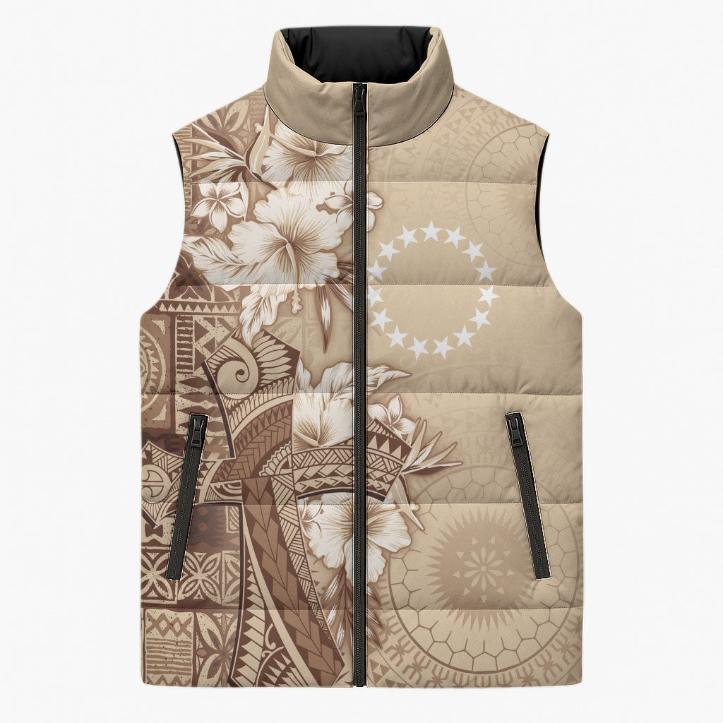 Kia Orana Cook Islands Tapa Floral With Cross Sleeveless Puffer Jacket Beige
