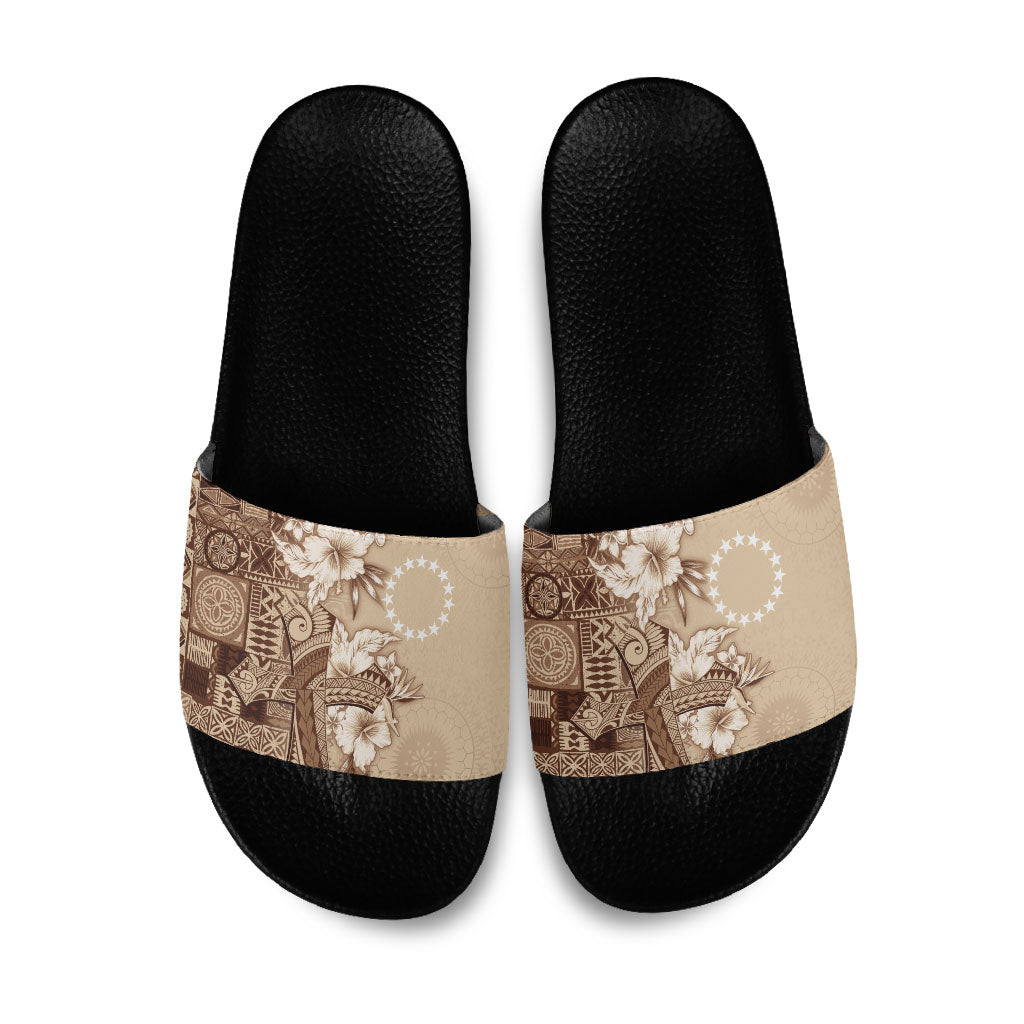 Kia Orana Cook Islands Tapa Floral With Cross Slide Sandals Beige