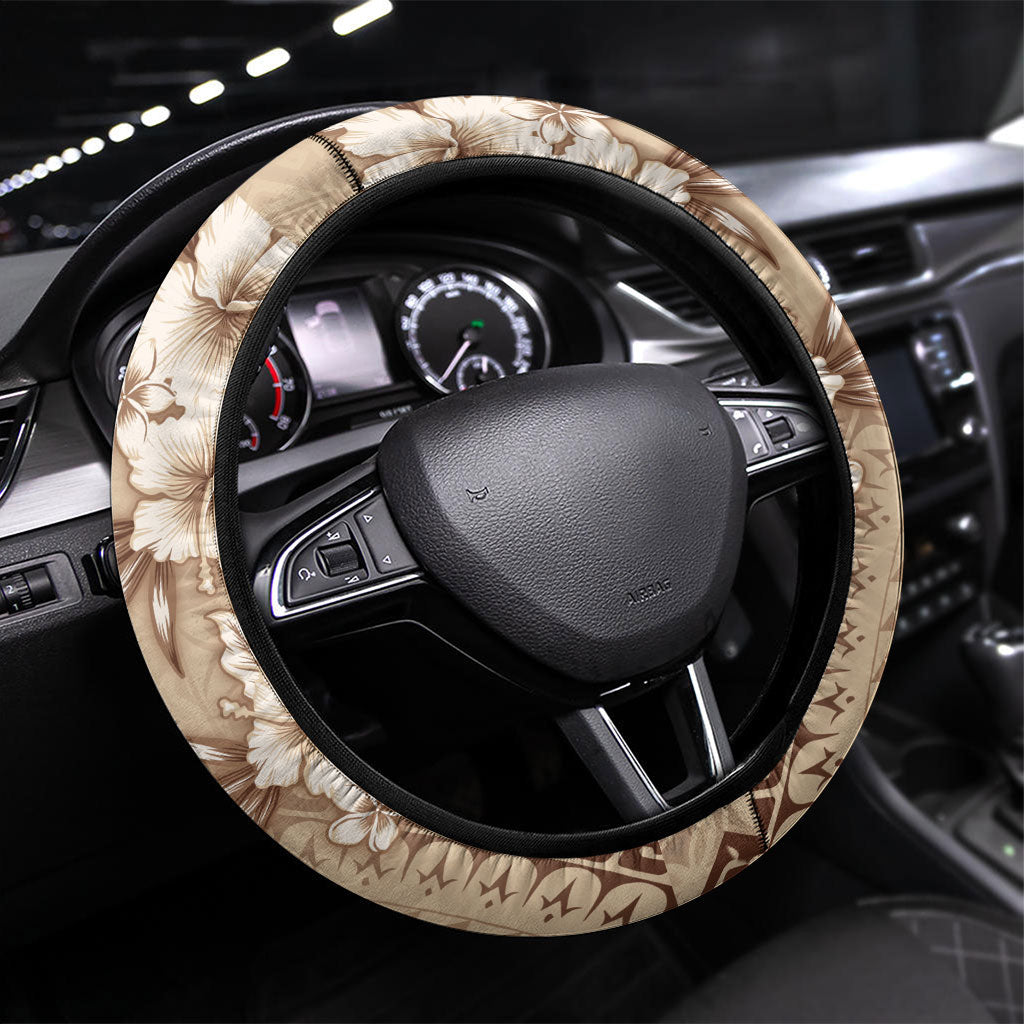 Kia Orana Cook Islands Tapa Floral With Cross Steering Wheel Cover Beige