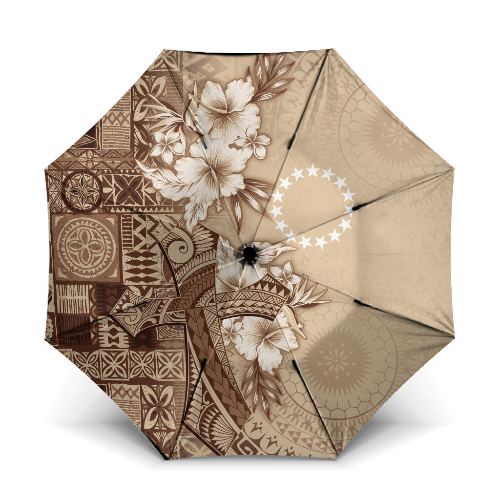Kia Orana Cook Islands Tapa Floral With Cross Umbrella Beige LT7 One Size Folded 11.42 inch Opened Diameter 37.4 inch Beige - Polynesian Pride