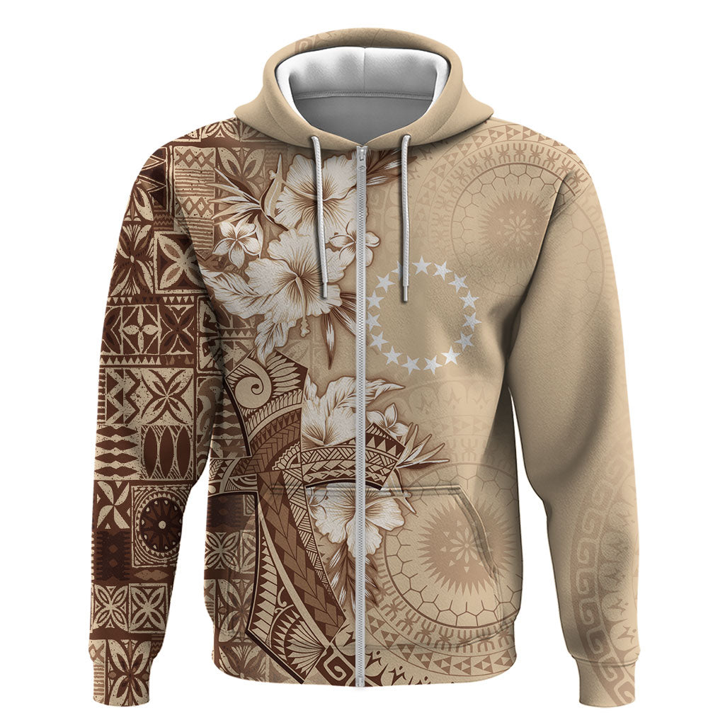 Kia Orana Cook Islands Tapa Floral With Cross Zip Hoodie Beige LT7 Zip Hoodie Beige - Polynesian Pride
