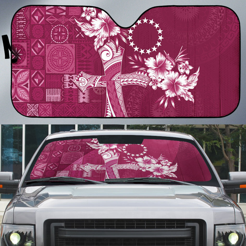 Kia Orana Cook Islands Tapa Floral With Cross Auto Sun Shade Maroon LT7 Maroon - Polynesian Pride