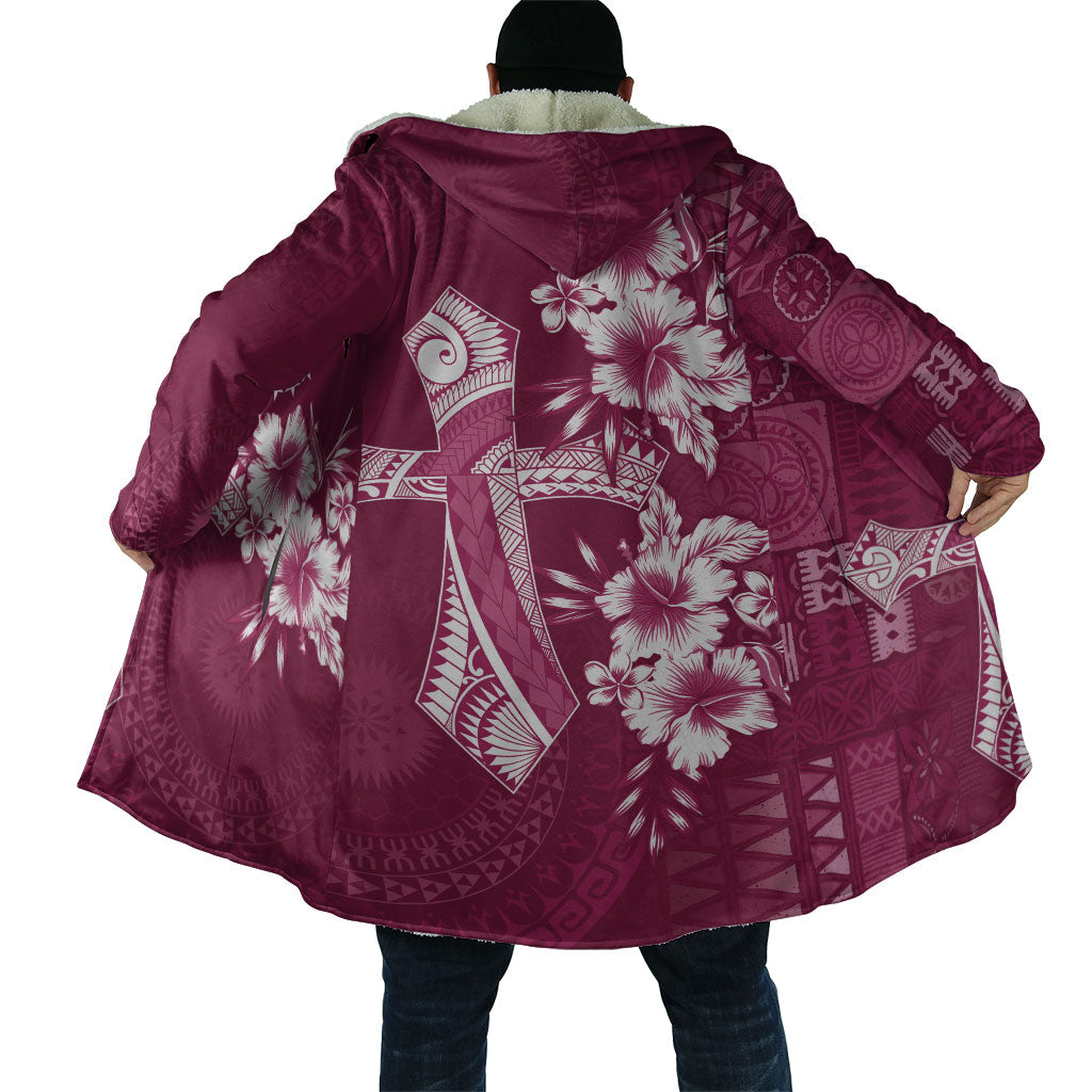 Kia Orana Cook Islands Tapa Floral With Cross Cloak Maroon LT7 - Polynesian Pride