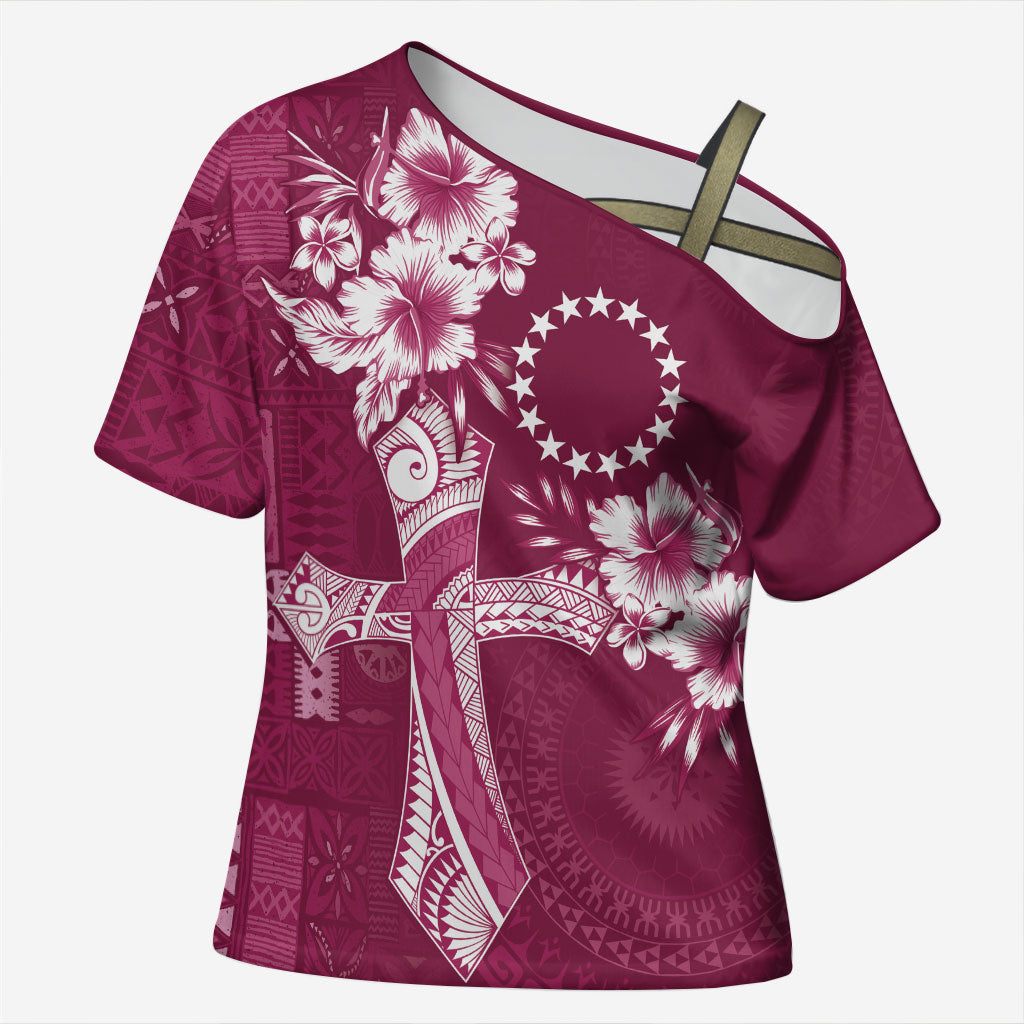 Kia Orana Cook Islands Tapa Floral With Cross Cross Shoulder Shirt Maroon