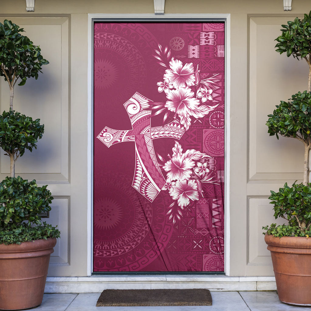 Kia Orana Cook Islands Tapa Floral With Cross Door Cover Maroon