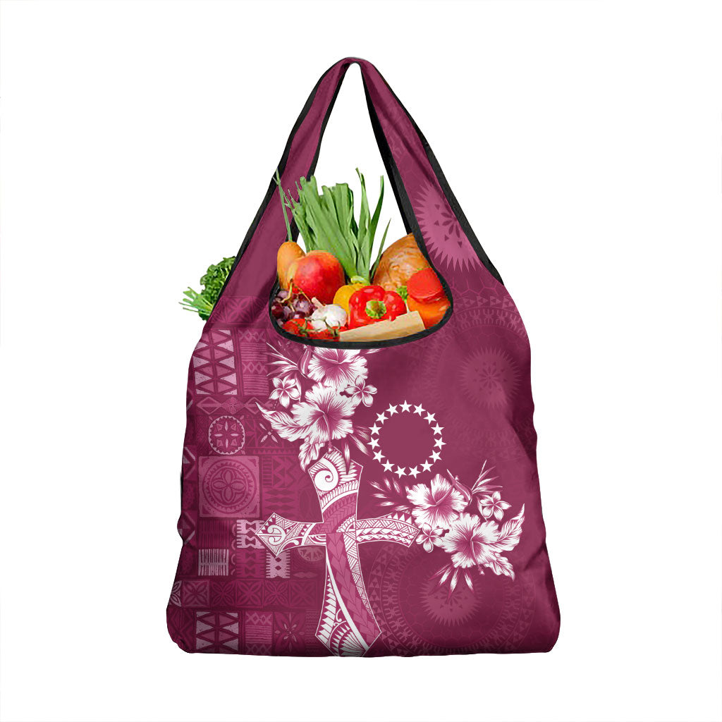 Kia Orana Cook Islands Tapa Floral With Cross Grocery Bag Maroon LT7 1-pack One Size Maroon - Polynesian Pride