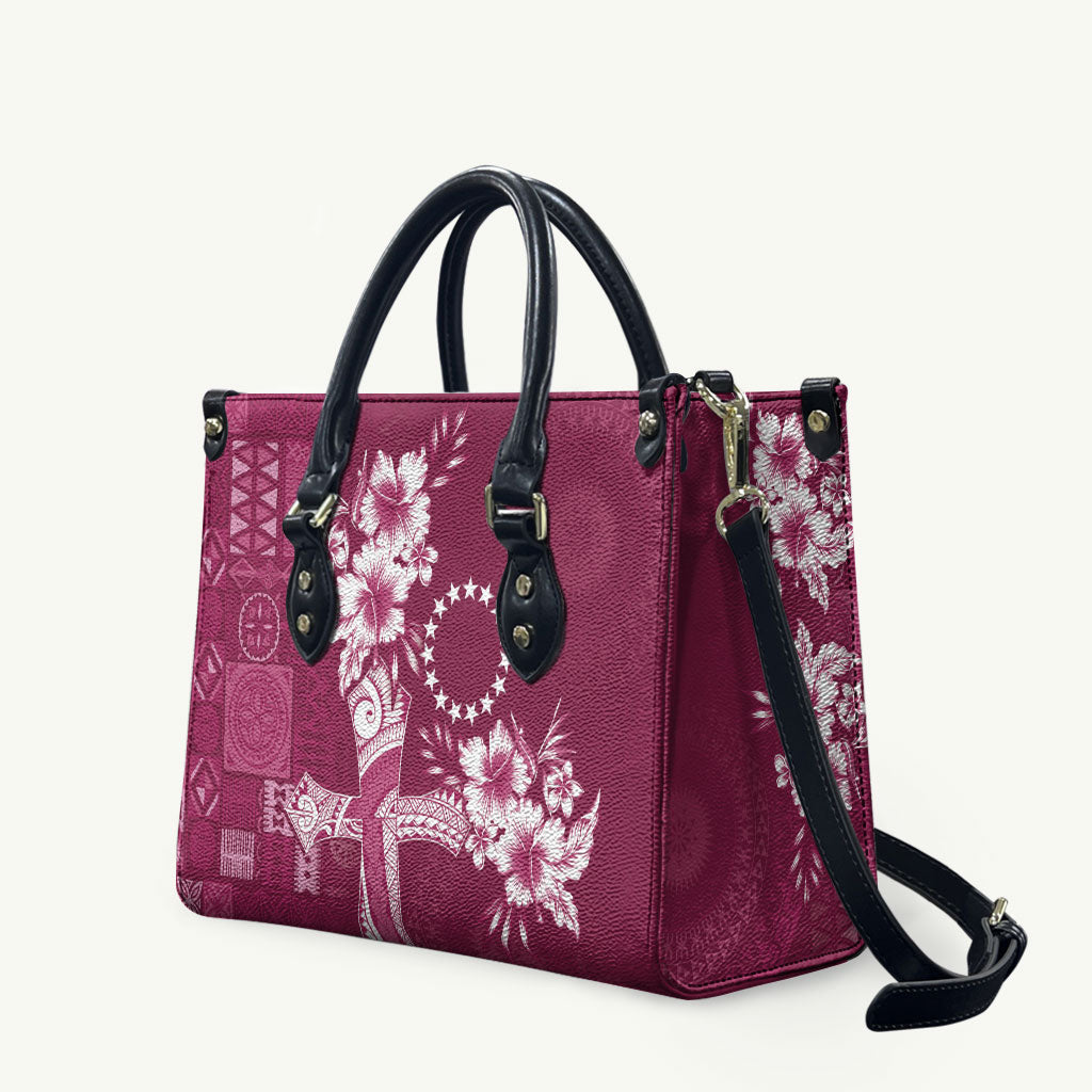 Kia Orana Cook Islands Tapa Floral With Cross Leather Bag Maroon