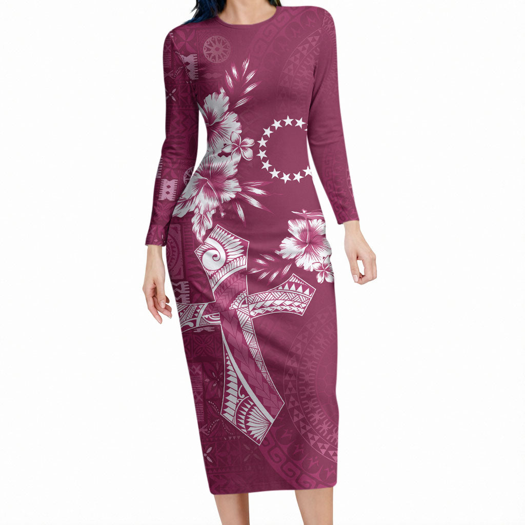 Kia Orana Cook Islands Tapa Floral With Cross Long Sleeve Bodycon Dress Maroon LT7 Long Dress Maroon - Polynesian Pride